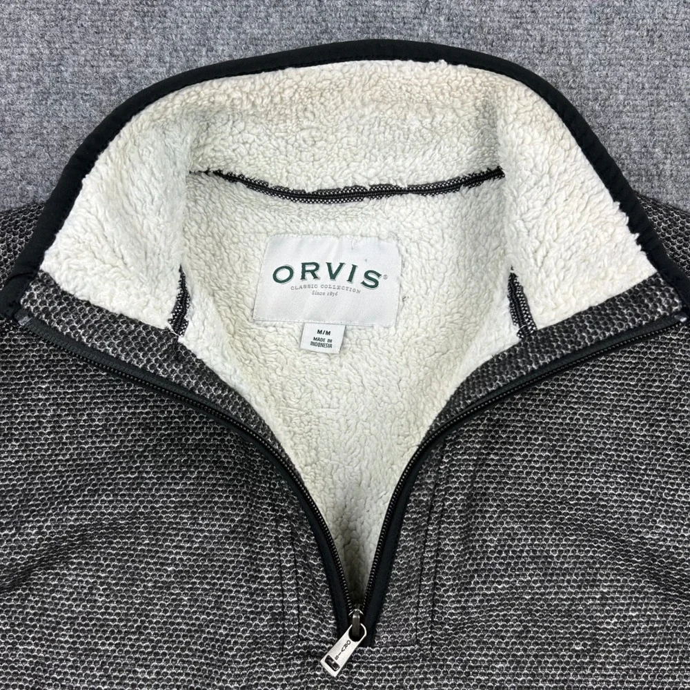 ORVIS Sherpa Lined Quarter Zip Pullover Heavy Sweater Men M Gray Scallop Pattern